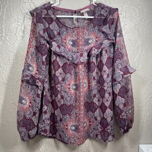Knox‎ Rose Maroon Round Neck Floral Paisley Ruffle Sheer Blouse Womens Sz Medium